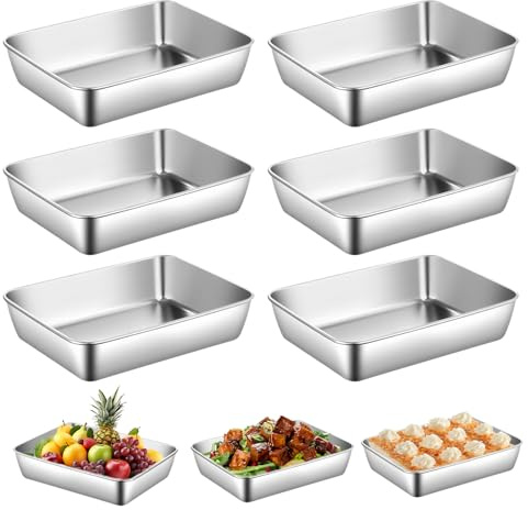 Behogan Lot de 6 bols à panure en acier inoxydable rectangulaires - 25,5 x 20 x 5,5 cm - Bol polyvalent pour paner - Rectangulaire - Pour poissons, viandes et légumes