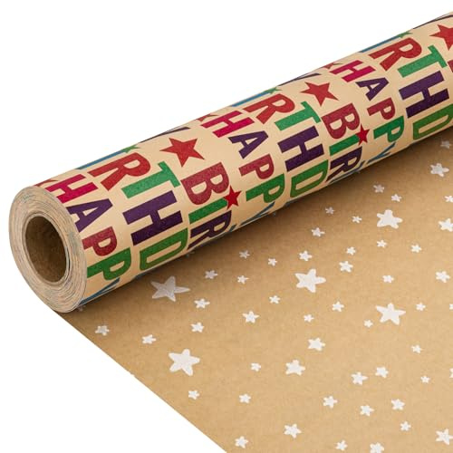 Birthday Wrapping Paper Roll Double-Sided Kraft Gift Wrap Decorations | for Boy Gilrs Men Women Party Baby Shower Christmas Festival Holiday, Printed with HAPPY BIRTHDAY & White Star