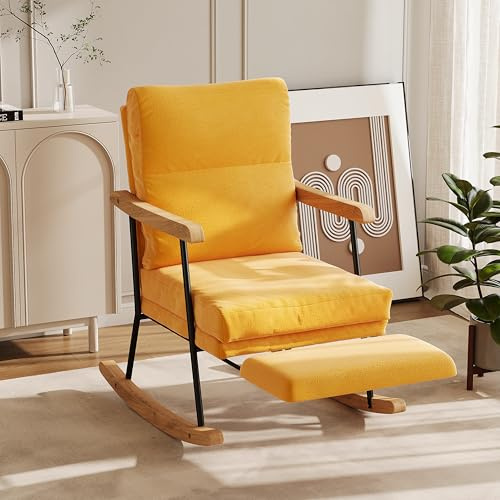 BursDany Sedia a dondolo, Rocking Chair, Sedia da allattamento in tessuto felpato, Sedia a dondolo con schienale alto, struttura in legno massiccio e metallo (giallo)