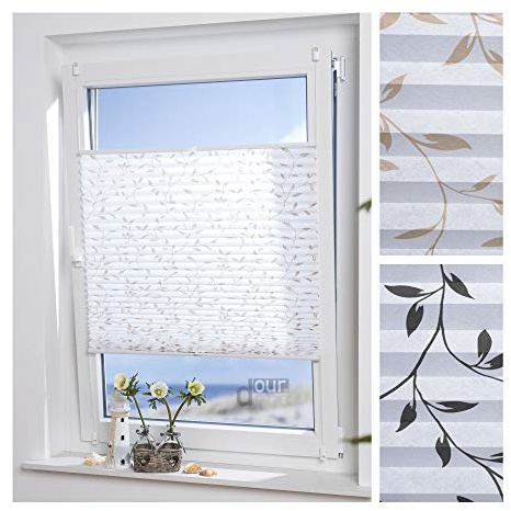 ourdeco® Plissee Filigran / 90 x 210 cm (Breite x Höhe) / Stoff: weiß; Muster: beige/lichtdurchlässig, gedrucktes Motiv Blätter/Klemmen=Montage ohne Bohren=Smartfix=Klemmfix-Plissee=Easy-to-fix