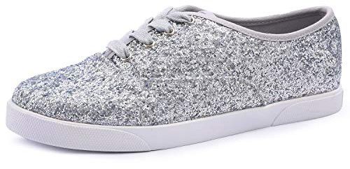 FEVERSOLE Damsneakers i klänningsstil, trendiga festskor med bling, avslappnade platta skor med dekorationer, 7.5