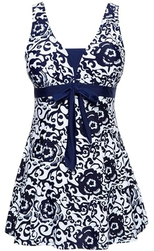 Wantdo Femme Maillot de Bain 1 Piece Jupette Amincissant Slim Col V Cache Ventre Robe Tankini Floral Push Up Grande Taille Porcelaine Bleu Marine 48-50