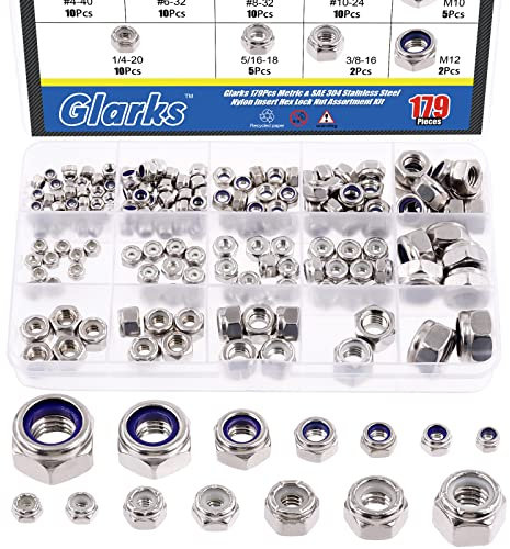 Glarks 179Pcs 14 Sizes Metric & SAE Hex Nylon Insert Lock Nuts Assortment Kit, 304 Stainless Steel M3 M4 M5 M6 M8 M10 M12 and #4-40#6-32#8-32#10-24 1/4-20 5/16-18 3/8-16 Hex Lock Nuts