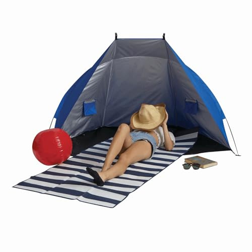 Preiswert&Gut Strandmuschel UV Schutz 170x100x100 cm Strandzelt Blau Sonnenschutz UV50 Fiberglasgestänge Pop-Up-ähnliches Stecksystem mit 4X Heringen und Tasche Strand Camping Festival