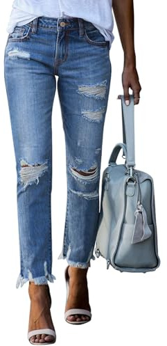 Sidefeel Women's Distressed Raw Hem Boyfriend Jeans Ripped Straight Leg Denim Pants Sky Blue Size 14