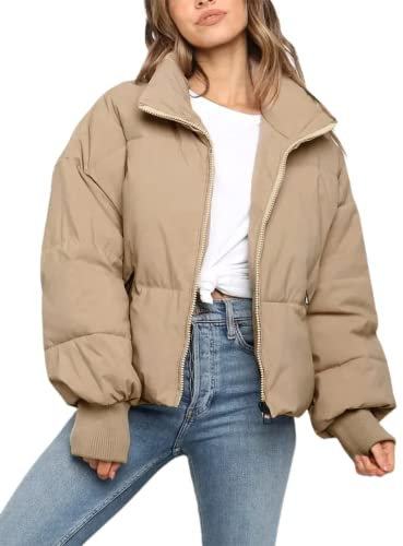Sukany Women's Winter Casual Padded Full Zip Stand Collar Long Sleeve Puffer Jackets Coat Short Down Warm Quilted Jacket Khaki L