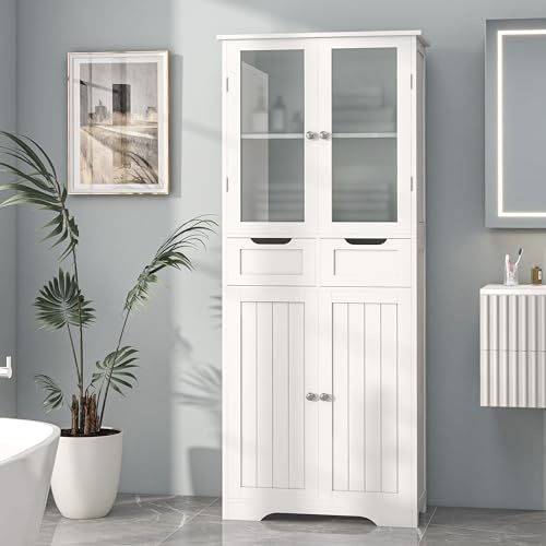 Betterhood 67 Tall Bathroom Storage Cabinet, Freestanding Linen Cabinet with Glass Doors and Shelves, Large Bathroom Pantry Cabinet with 2 Drawers for Living Room, Kitchen, Dining Room, Office, White