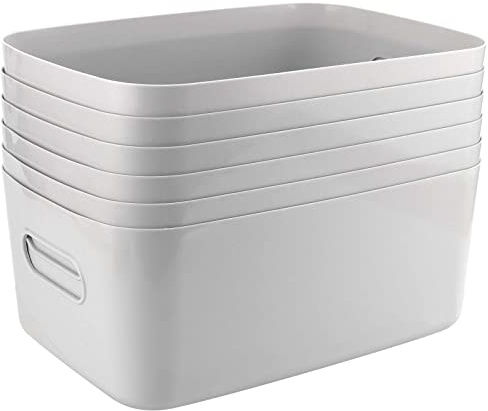 JEUIHAU 6 Pack Grey Plastic Studio Storage Baskets - 30 x 20 x 12cm Large Rectangular Organizers With Handles for Cupboard, Bathroom, Office
