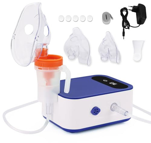 Hithinkmed Inhalador nebulizador compresor, inhalador mejorado con pantalla digital y función de sincronización, inhalador para frío con tapa de arrastre de tasa de nebulización -Azul