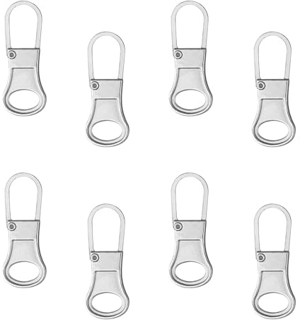 8pcs Zipper Pull Replacement, Zipper Pullers Detachable Zipper Tab Repair Handle Mend Fixer Zipper Head Metal Pull Cord Extender for Clothing Backpack Jackets Pants Boots Luggage (Silver)