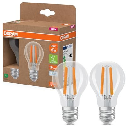 Osram Energy Class nella classica forma a lampadina, 3,8 W / 806 lm, EEK A, luce bianca fredda (4000 K), CRI 80, in vetro senza piombo di colore trasparente, attacco E27, IP20, diametro 60 mm.
