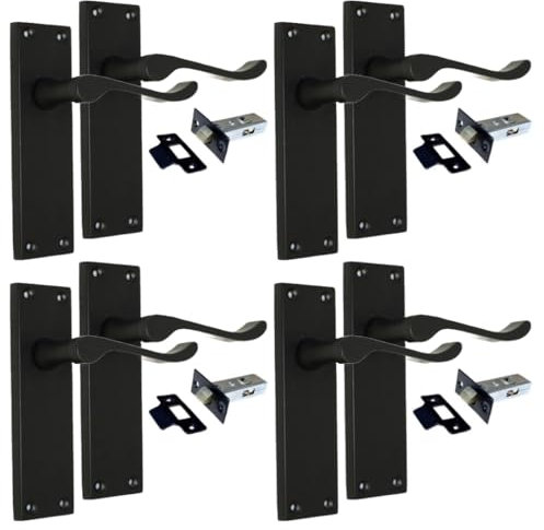 Epsom Door Handle Victorian Scroll Matt Black Internal Door Handle Sets – Lever on Backplate 150mm x 42mm – Includes Tubular Latch – 4 Pairs