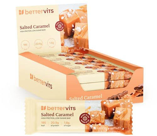 Bettervits Protein Bars 12 Pack - Low Calorie | High Protein 20.3g Energy Bars | Low Sugar Protein Snacks for Gym & Fitness | Just 192 Calories - UK Made | Salted Caramel