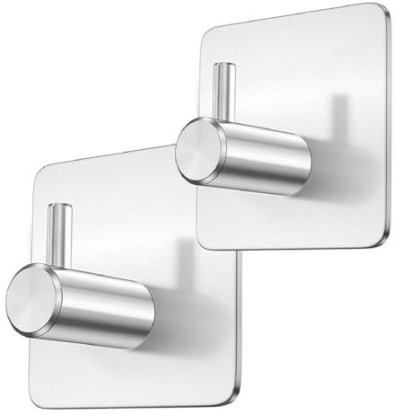 2 Silver Towel Holder,Self Adhesive,Hooks,Coat Hooks,Robe,Stainless Steel,Bathroom,Back of Door Hook,Sticky,Stick on,Towel Holders for Bathrooms,Tea Towels,Kitchen