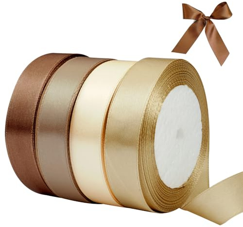 4 rotoli di nastro di raso in tinta unita, larghezza 22 m × 22 mm, per rotolo marrone oro, nastro di raso regalo, nastro per imballaggio, artigianato, durata di compleanno e decorazione di nozze