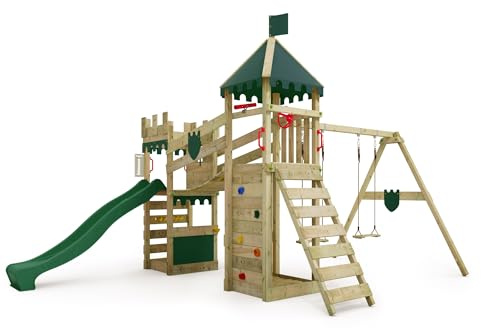 FATMOOSE Spielturm Ritterburg RiverRun Royal mit Schaukel & grüner Rutsche, Outdoor Kinder Kletterturm mit Sandkasten Leiter & Spiel-Zubehör für den Garten