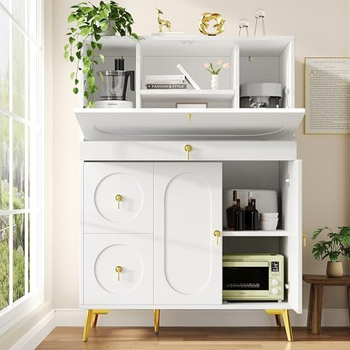 KecDuey Armario de cocina 100 × 50 × 140 cm, armario de despensa, moderno aparador con puertas plegables, simple y moderno, espacio de almacenamiento multifuncional, armario de comedor para cocina