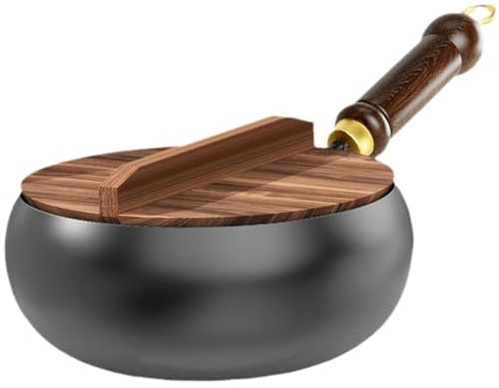 Japanese Iron Pan, Japanese Hand-Forged Non-Stick IronPan Without, Uncoated Iron Pan, for Cooker Gas Stir Fry Pans, for Induction & Gas Stove, Natural Cooking (28cm/11.02inch（Wooden Lid）)