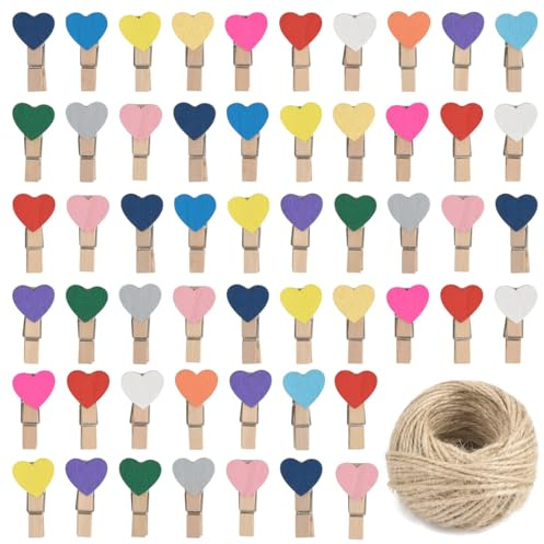 101 pezzi colorato Mini Mollette Mollette Legno Piccole di cuore con 30 Metri di Corda Juta,mollettine legno piccole 1,5 cm Per Collage di Foto,Cartoline e Decorazioni Espositive di Foto