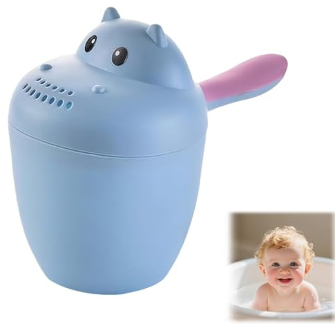 Baby Bath Rinser, Hippopotamus Shampoo Rinse Cup with Eye Protection & Waterfall Rinser Bath Cup, for Infant Hair Washing (Blue)