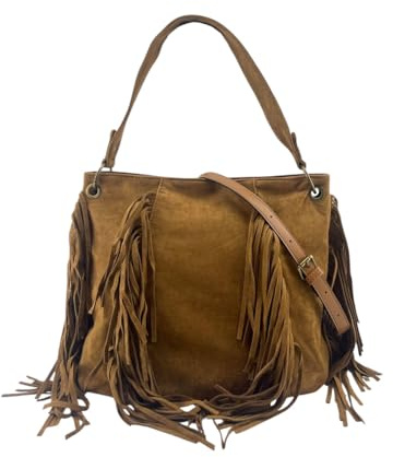 MODELISA - Bolso Shopper De Hombro Grande Con Flecos Correa Ajustable Estilo Boho Para Mujer (Camel)