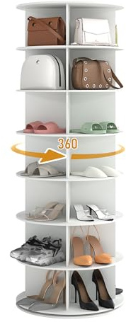 ZZINOKE Rangement Chaussures Tournant, 7 étages, 28 Compartiments,Matériau MDF, Organisateur Vertical pour Sacs à Main, étagère Tournante, Gain de Place, Blanc, φ59 cm x H161,8 cm