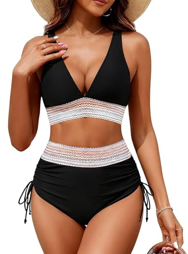 Women's High Waisted Bikini Set with Adjustable Shoulder Straps Top Bottoms 2 Piece Bikini Swimsuit Tummy Control Swimming Costume for Beach Holiday (UK, Numeric, 14, 16, Regular, Regular, Black)