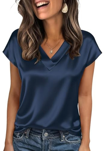 OLIPHEE Tshirt Seta Donna Elegante con Scollo a V Manica Corta Satin Blusa Donna Estiva Primavera Camica in Raso Loose Business Top da Ufficio in Tinta Unita Blu Scuro XXL