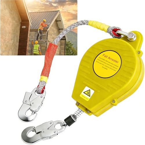 Dispositivo Anticaduta Retrattile Certificato, 3-20m Imbracatura di Sicurezza Anticaduta Tetto con Gancio Girevole, Dispositivo Retrattile di Sicurezza Anticaduta per Lavoro Aereo (Giallo, 10m)