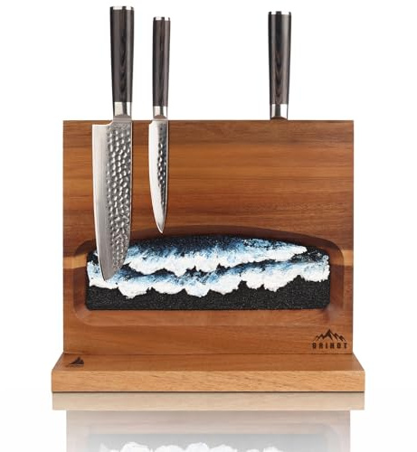 Grihot Bloque magnético para cuchillos, soporte de cuchillos de doble cara almacena más de 10 cuchillos, madera de acacia original con pintura abstracta texturizada de olas de mar pintada a mano (12 x