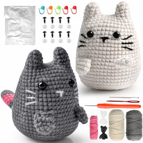 OuryTech virkningsset för nybörjare, virkningskit djur med katt amigurumi som virkset med tillbehör och instruktioner