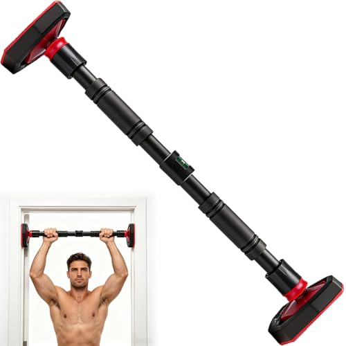 Kortemora Pull Up Bar for Doorway, Adjustable Door Gym Bar 65-100cm, No Drill Chin Up Bar for Home Workout, Heavy Duty Upper Body Training Bar for Pull Ups, Sit Ups, Core Fitness Exercise, Black Red