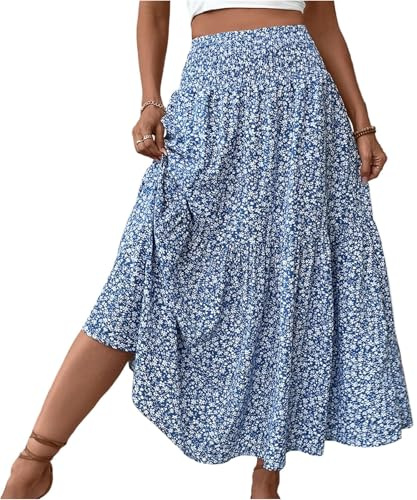 Générique Jupe Longue Femme Bohème, Élégante Jupes Plissée Longue Fleur Lmprimé Taille Haute ÉLastique Fluide Jupe de Plage Femme pour Ete Vacances Plage