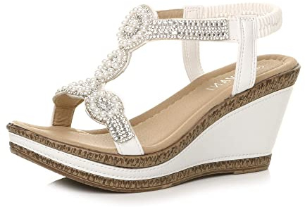 AJVANI Kvinnor damer hög kilklack plattformsspänne sommar peeptoe sandaler storlek, Vit diamant, 40 EU