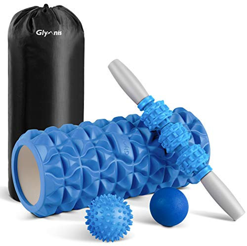 Glymnis Rullo massaggiante 4 in 1 Kit Foam Roller e Baton Massaggio e 2 palle da massaggio rullo in schiuma per massaggio profondo Shaping Yoga (blu)