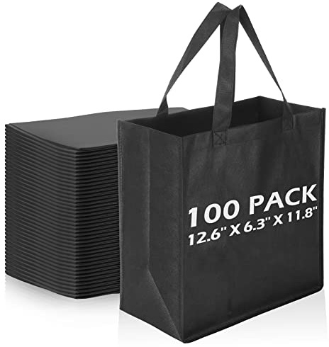 Reginary 100 PCS Reusable Totes Bags - Non Woven Grocery Handle Bags for Shop Events & Retail Store(Black)