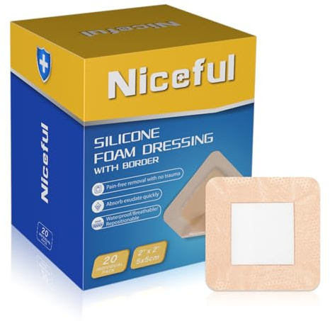 Niceful 20 Count Silicone Foam Dressing Gentle Border 2 x 2 inch, Absorbent Silicone Bandages for Wounds, Waterproof Bed Sore Bandages Wound Dressing