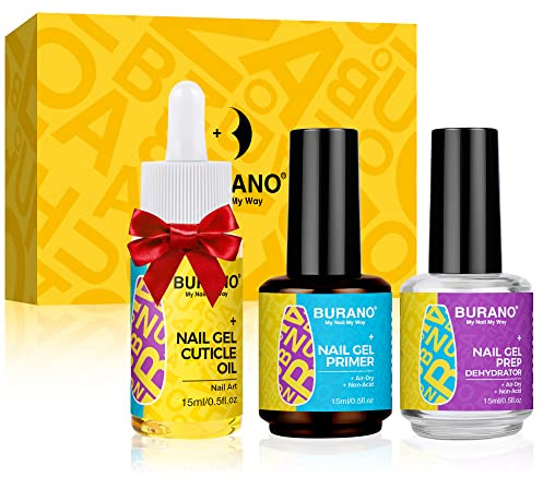 BURANO Gel Nail Polish Primer, Long Lasting Acid Free Natural Nail Prep Dehydrate Bond Primer for Acrylic Nails and Gel Polish, Acrylic Nail Primer No Burns Bonding Primer 0.5 oz (Brown set)