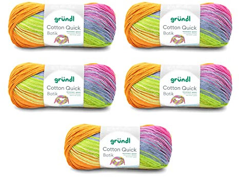 Gründl Wolle Cotton Quick Batik - dünne Wolle zum Häkeln mit Farbverlauf - Strickgarn - Glänzend und hautfreundlich - 100% Baumwolle - 5 Knäuel 100 g / 260 m - Nadelstärke 3-4 - Orange-grün-blau