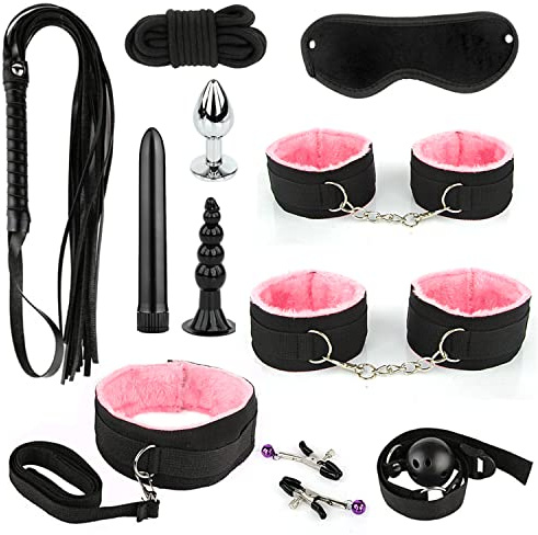 Bondage Restraints Set Bed Cuffs Kit with Anal Plug Pink | 11PCS leg neck cuffs swing anal trainer soft PU leather adjustable couples play fits most beds