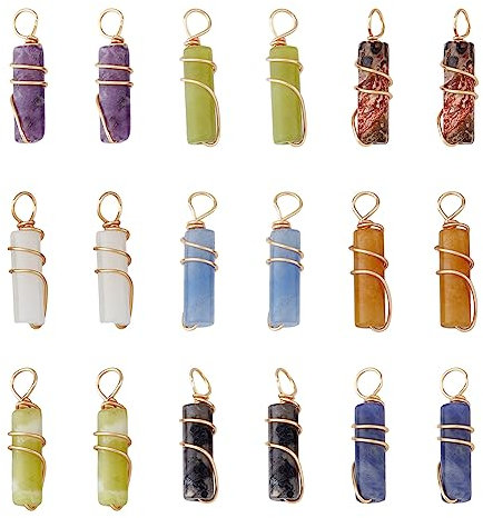 SUPERFINDINGS 18Pcs 9 Styles Gemstone Pendants Column Natural Mixed Stone Charms with Light Gold Copper Wire Wrapped Crystal Stone Pendants Charms for Earring Necklace Bracelet Jewelry Making