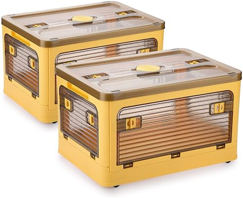 Aimisin Folding Storage Bins, 28 Liters, 2 Pcs Yellow Plastic Storage Containers with Wheels, Four Doors, Foldable, Stackable, Plastic Box with Lids for Organization, Storage Cart