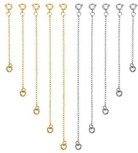 Stainless Steel Necklace Extender Set - 10 Pieces, Chain Extension, Gold & Silver, Various Sizes and Styles for DIY Jewellery Making Necklaces and Bracelets, Fabric