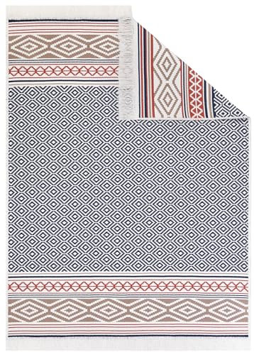 TAPISO Azteca Teppich Kurzflor mit Fransen Baumwolle Creme Schwarz Mehrfarbig Vintage Design Waschbar Beidseitig Anwendbar Wohnzimmer Schlafzimmer ÖKOTEX 60 x 110 cm