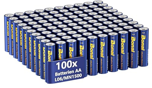 BONAI Pilas Alcalinas AA LR6 (Pack de 100 Unidades) 1.5 V Mignon Pila Alkaline, Rendimiento Elevado, Almacenamiento de 10 años, Gama Performance Potentes Pilas Desechables MN1500