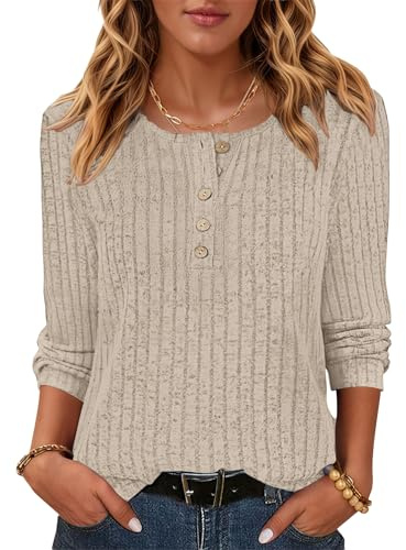WNEEDU Jersey Mujer Ligero Camiseta Manga Larga Jersey Punto Pullover Cuello Redondo Sweater Invierno Otoño Camisa Elástico con Botones Albaricoque XL
