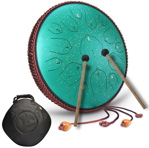 Zungentrommel Steel Tongue Drum 14 Noten 15 Zoll Professionelles Groß Stahlzungentrommel Ätherische Trommel D Dur Handpan Instrument mit Tragetasche, Drumsticks für Yoga,Meditation,Klangheilung