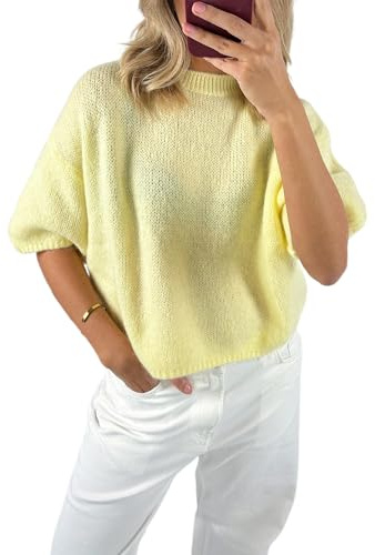 Felcia Femme Y2K Pull à Manches Courtes Décontracté Couleur Unie Ajustement Lâche Tricoté Mi-Longue Manches Lanterne Désinvolte Tricoté Pullover, Jaune A, XL