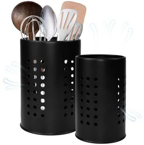 EUIEUT 2PCS Soportes para Utensilios de Cocina, Porta Utensilios de Cocina con Patrón de Orificios, Escurre Cubiertos de Cocina de Acero Inoxidable, Bote Utensilios Cocina para Cubiertos(Negro Mate)