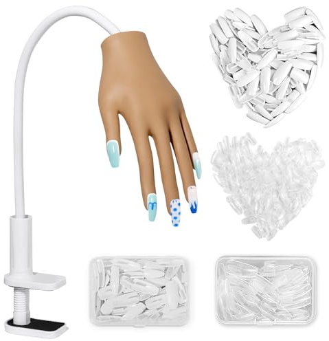 Adonafy Main D'Entrainement Manucure - Silikon Main Entrainement Ongles avec 200 Pièces Faux Ongles - Flexible Fausse Main pour Ongle pour Débutants Professionnel Salon